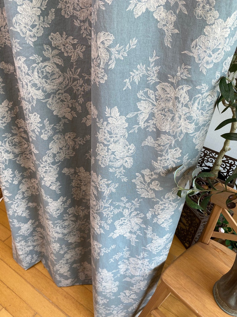 Set of 2 Dusty Blue Farmhouse Linen Curtains Botanical Wildflower Curtain Panel French Country Flower Pattern Drapes Kitchen Cafe Valance image 1