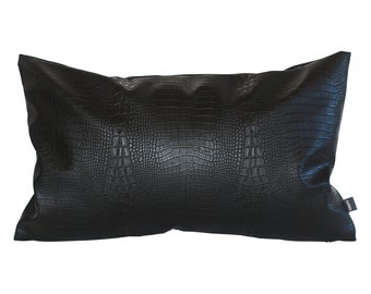Black Crocodile Thick & Soft Faux Leather Lumbar Pillow Cover Throw Pillow Case Black Leather Cushion Alligator Waterproof Pillow 12x20"
