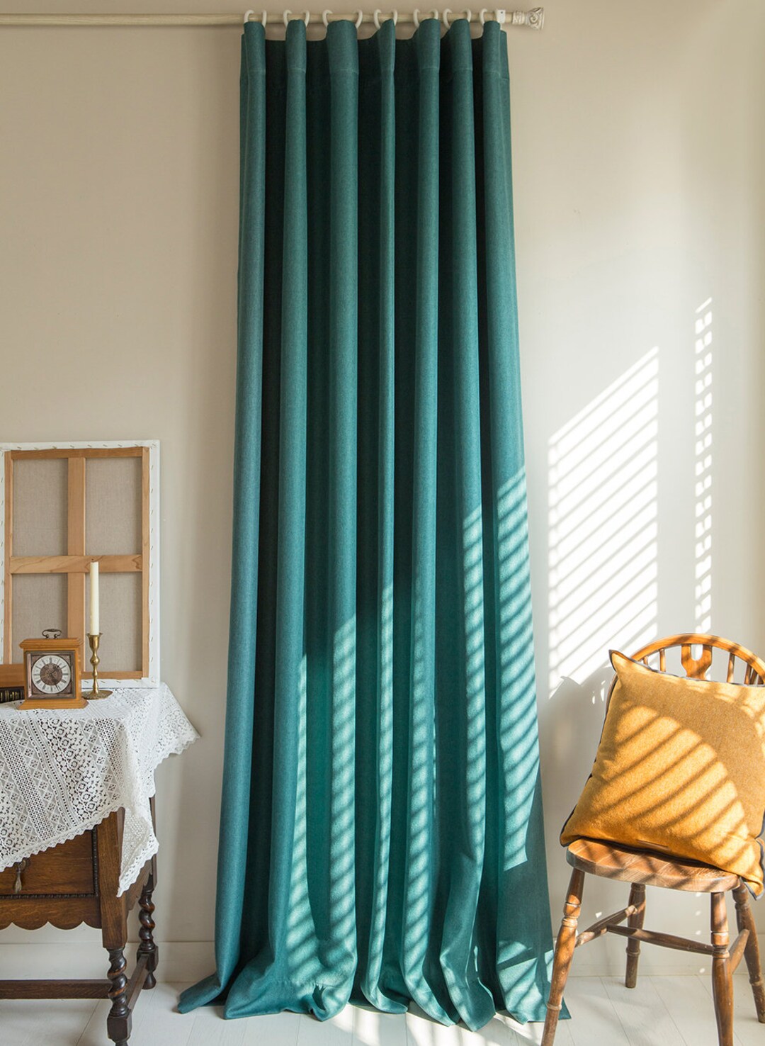 Set of 2 Teal Green Minimalist Blackout Curtains Linen Look Blackout
