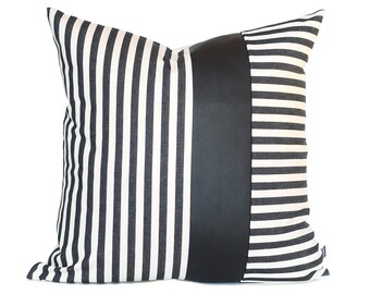 Thick Canvas Farmhouse Black Striped Throw Pillow Cover Decorative Cotton Faux Leather Modern Minimalist Sofa Couch Ticking Stripe Cushions