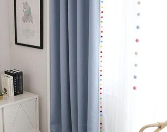 Whimsical Rainbow Pom Pom Curtains in 5 Colors Semi-Blackout Window Panels with Colorful Trim Custom Available Nursery Kids Room Bedroom