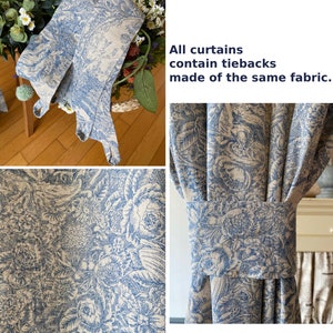 Set of 2 French Beige Blue Toile Linen Curtains Farmhouse Linen Drapes Floral Curtain Panel Long Bay Window Bespoke Living Room Curtains image 9