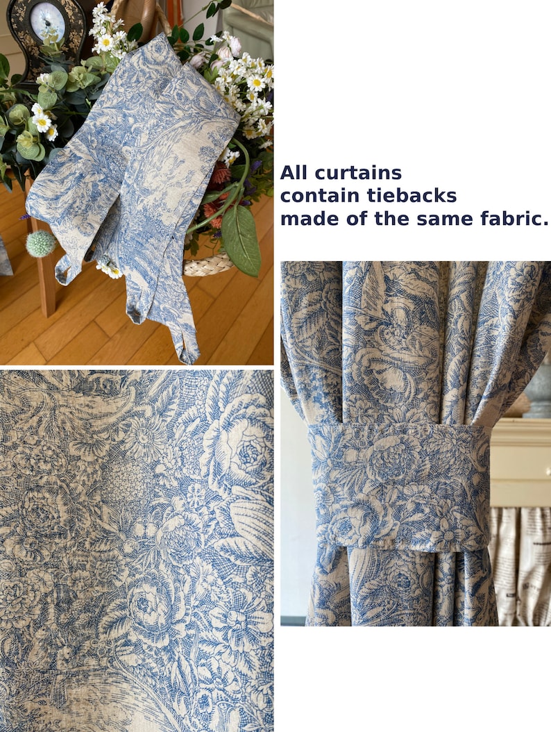 Set of 2 French Beige Blue Toile Linen Curtains Farmhouse Linen Drapes Floral Curtain Panel Long Bay Window Bespoke Living Room Curtains image 9