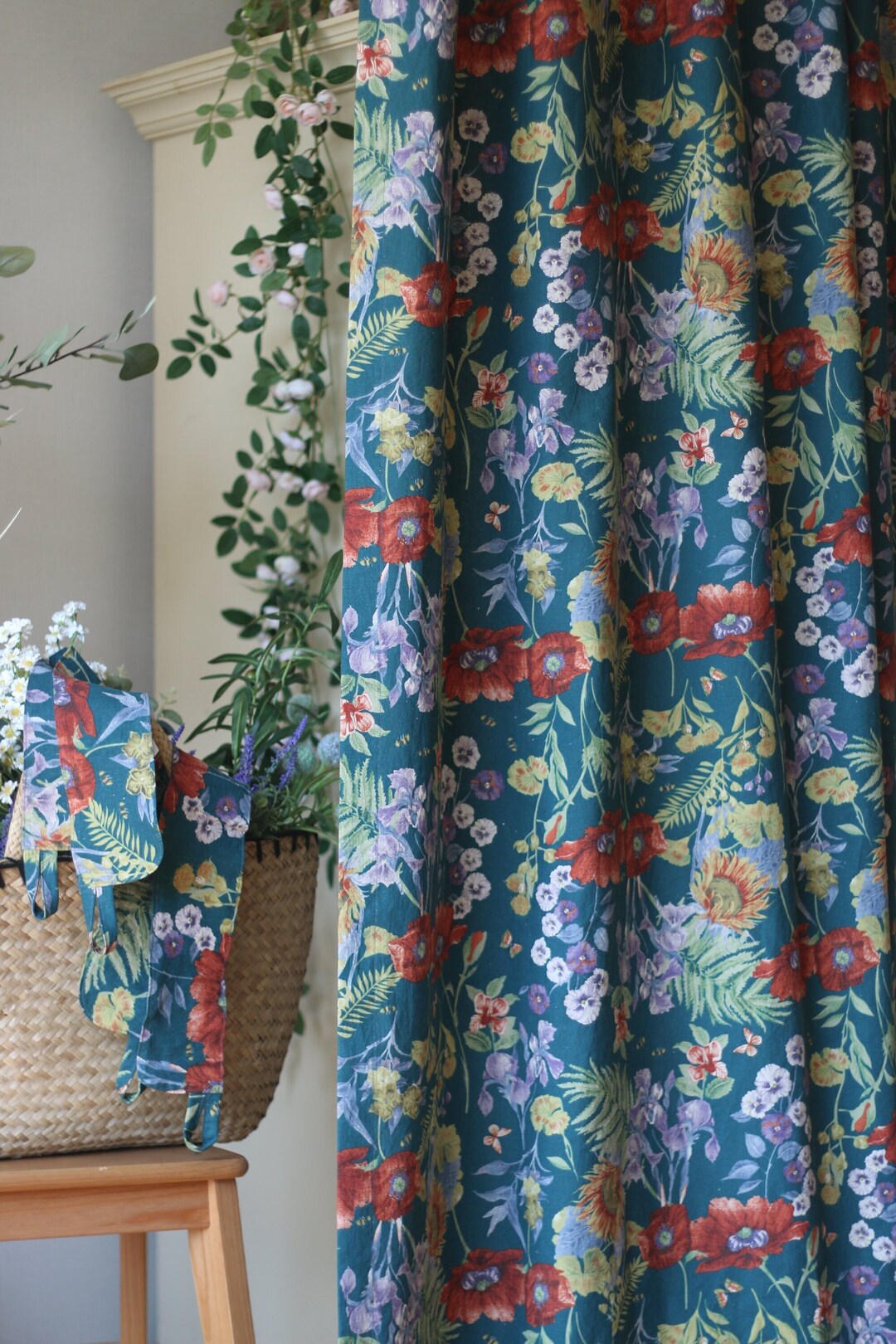 Set of 2 Washed Linen Curtains Watercolor Poppies Curtain Teal Green