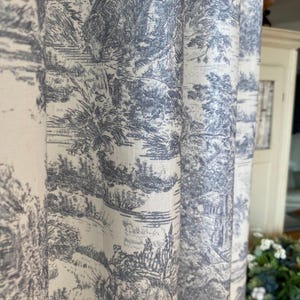 Gray Toile de Jouy Pattern Linen Curtains Heavy Elegant Cottage Curtain Panel Living Room Bedroom Drapes French Classic Drapery Set of 2