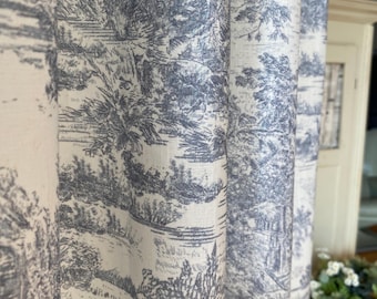 Blue-Gray Toile de Jouy Linen Curtain Panels, French Classic Cottage Drapes, Set of 2