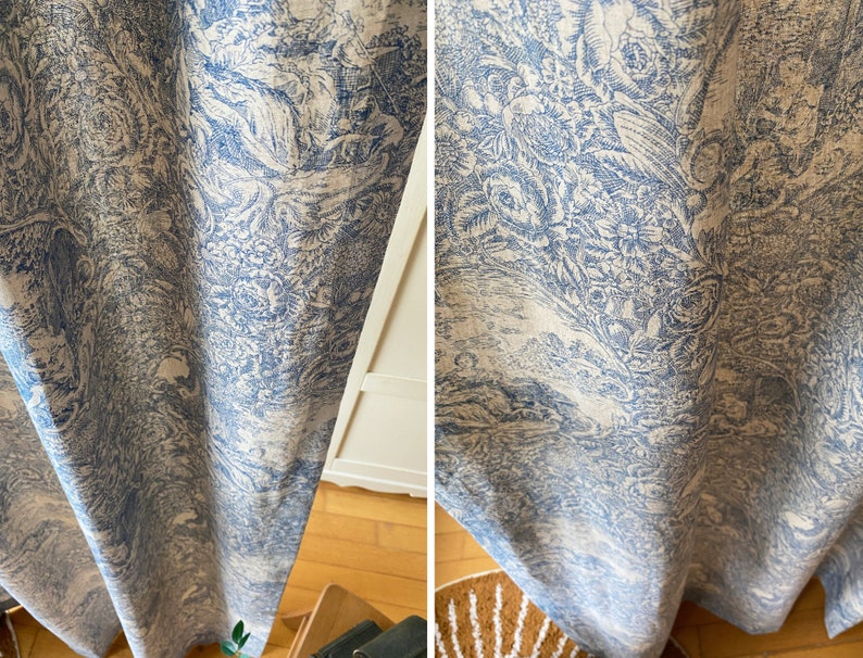 Set of 2 French Beige Blue Toile Linen Curtains Farmhouse Linen Drapes Floral Curtain Panel Long Bay Window Bespoke Living Room Curtains image 4