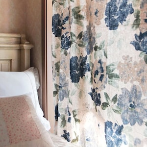 Set of 2 Blue Romantic Floral Retro Flowers Pattern Custom Curtain Panel Farmhouse Linen Curtains Washed Linen Curtains Natural Lovely Linen