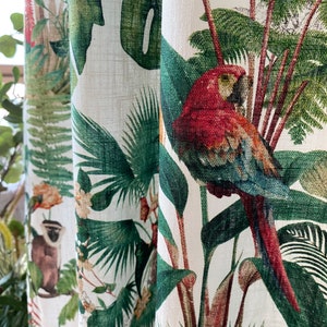 Set of 2 Heavy Weight Linen Curtains Tropical Jungle Linen Bespoke Curtains Palm Tree Safari Bird & Monkey Animal Curtains White Background