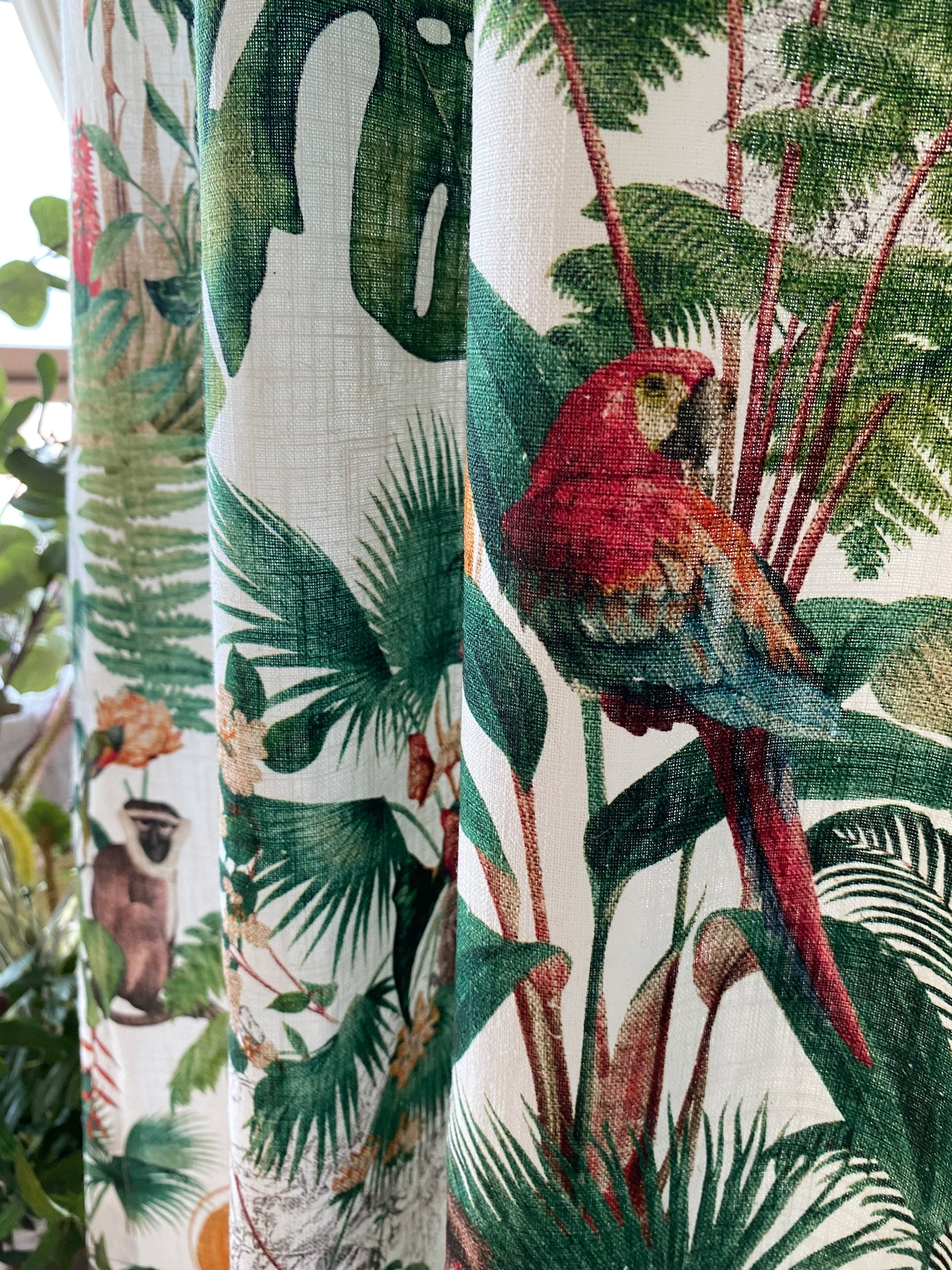 Set of 2 Heavy Weight Linen Curtains Tropical Jungle Linen Bespoke Curtains Palm Tree Safari Bird & Monkey Animal Curtains White Background