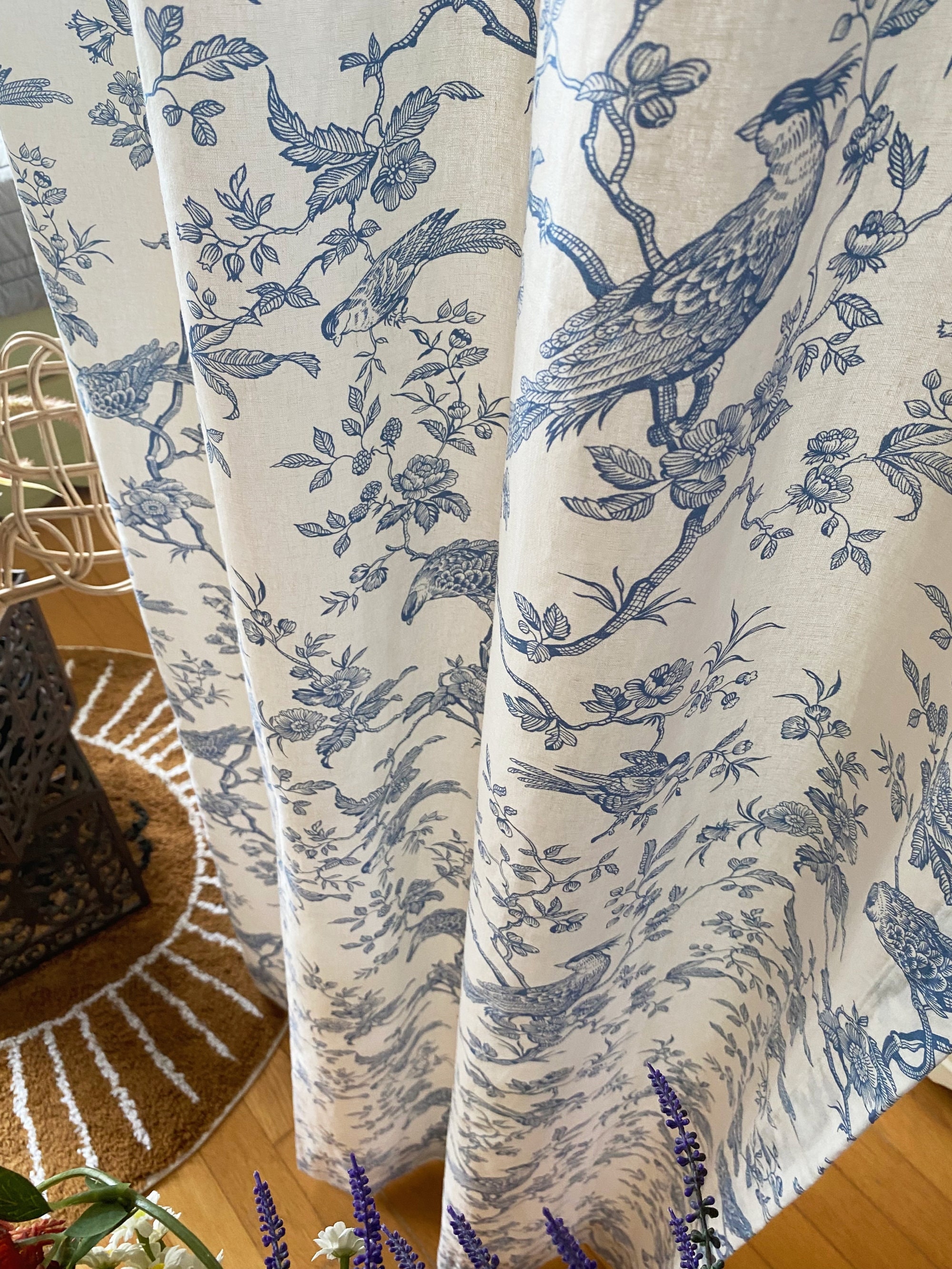 White Linen Curtains Birds Plants Farmhouse Linen Drapes French Country Window Panel Long Bay Bespoke Living Room Bedroom Drapery Set of 2