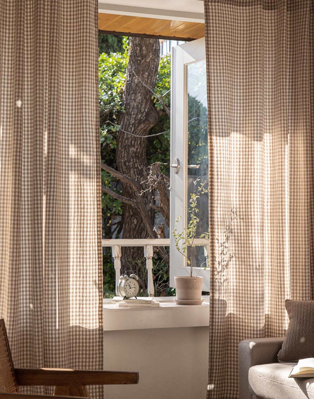 Plaid Brown Gingham Curtains Farmhous...