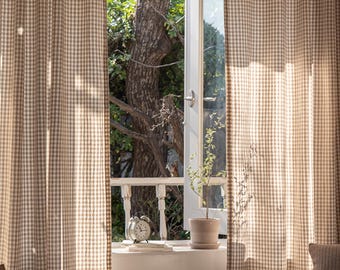 Plaid Brown Gingham Curtains Farmhouse Buffalo Checkered Panel Cotton Window Drapes Natural Linen Check Curtain Living Room Kitchen Set of2