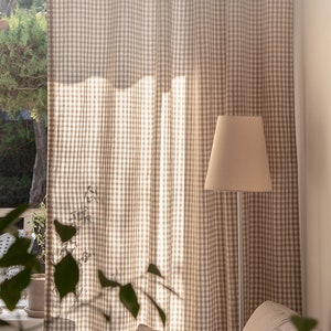 Set of 2 Gingham Curtains Brown Farmhouse Buffalo Checkered Curtains Plaid Drapes Cotton Curtain Panels Natural Linen Check Curtains image 2