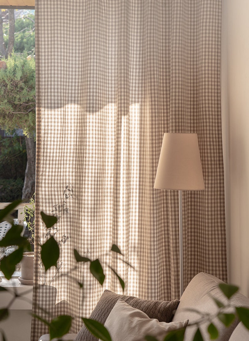 Set of 2 Gingham Curtains Brown Farmhouse Buffalo Checkered Curtains Plaid Drapes Cotton Curtain Panels Natural Linen Check Curtains image 2