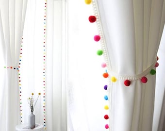 Whimsical Rainbow Pom Pom Curtains White Semi-Blackout Window Panels with Colorful Trim Nursery Kids Room Boho Home Decor Custom Available