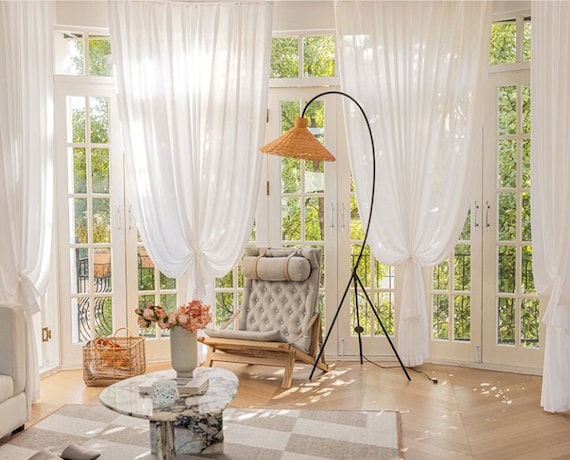 Pair of Pleated White Linen Look Curtains Voile Drapery Pleated