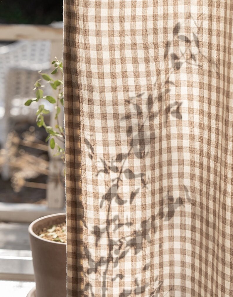 Set of 2 Gingham Curtains Brown Farmhouse Buffalo Checkered Curtains Plaid Drapes Cotton Curtain Panels Natural Linen Check Curtains image 3