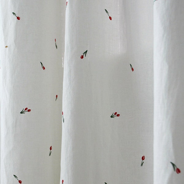 Set of 2 White Cute Tulip Floral Linen Curtains Minimal Charming Flower Patterned Linen Drapes Kid's Room Kitchen Living Room Bedroom Panels