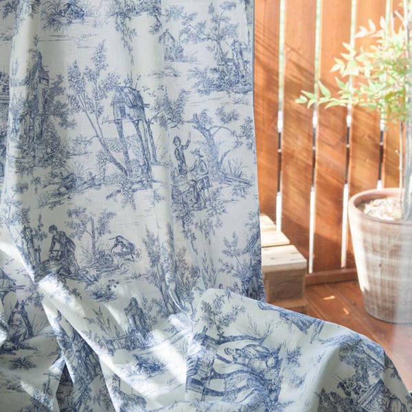Blue Toile Linen Curtain Panels: Classic French Farmhouse Cottage Drapes
