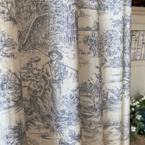 Linnen gordijnen Toile de Jouy-patroon Zwaar elegant paneel Franse landelijke vintage stijl blauw-grijs patroon woonkamer slaapkamer gordijn set van 2