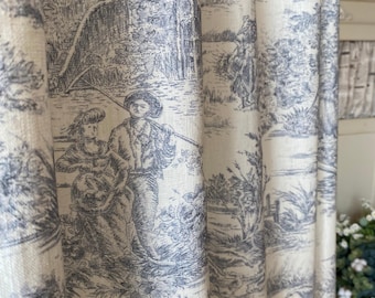 Linen Curtains Toile de Jouy Pattern Heavy Elegant Panel French Country Vintage Style Blue-Grey Patterned Living Room Bedroom Drape Set of 2
