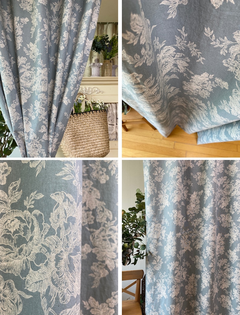 Set of 2 Dusty Blue Farmhouse Linen Curtains Botanical Wildflower Curtain Panel French Country Flower Pattern Drapes Kitchen Cafe Valance image 3