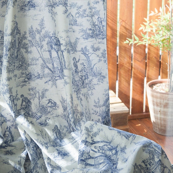 Set of 2 Blue Toile Farmhouse Linen Curtains Washed Linen Curtain Panels Natural Linen Curtains French Classic Drapery Kitchen Cafe Curtains