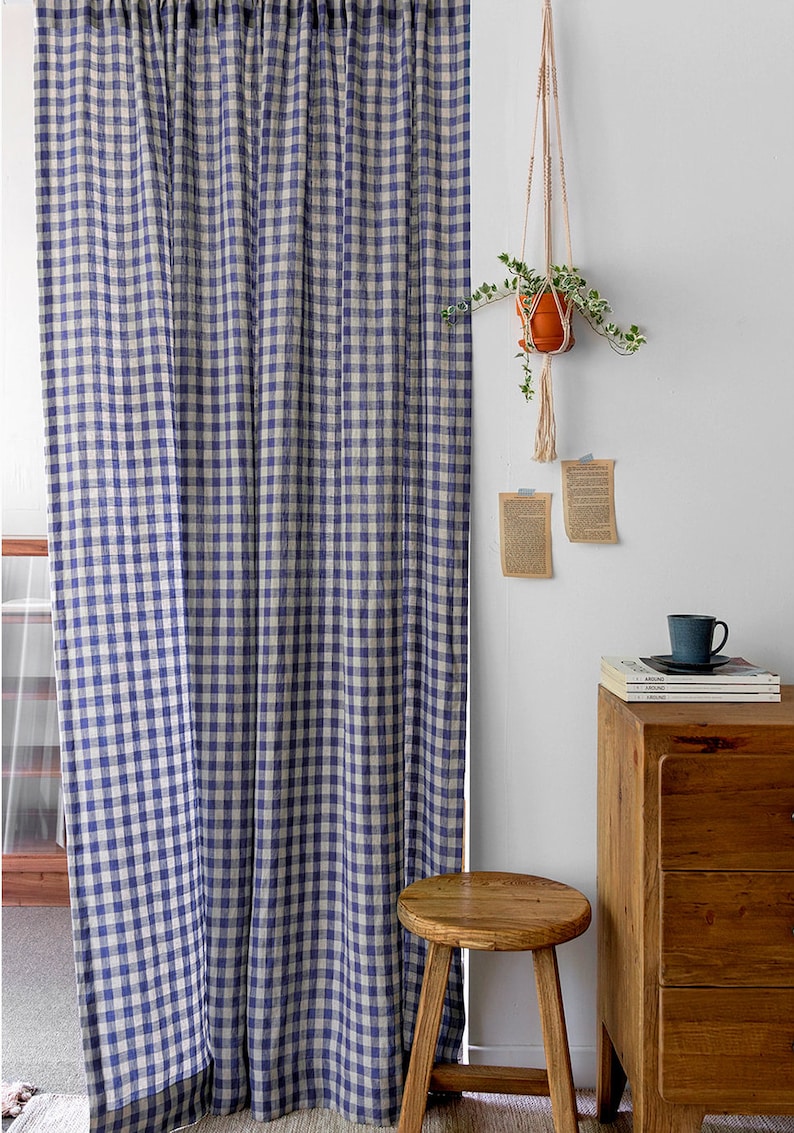 Set of 2 Blue Gingham Curtains Farmhouse Buffalo Check Plaid Etsy