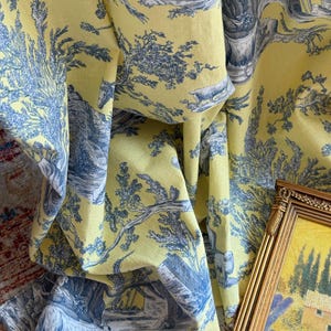Yellow Linen Curtain Toile de Jouy Pattern Elegant Panel French Country Vintage Style Dark Blue Patterned Living Room Bedroom Drape Set of 2