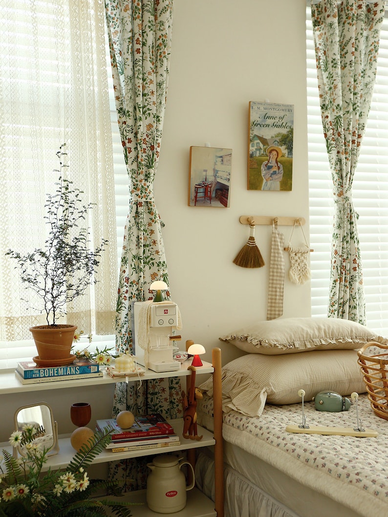 Farmhouse Linen Curtains Wildflower Botanical Curtain Panel Retro