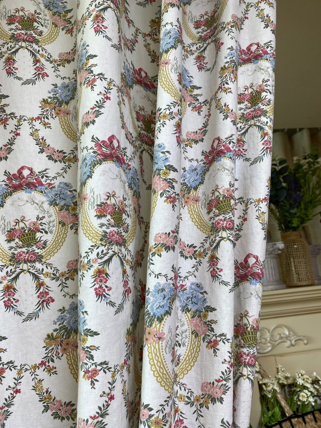 Set of 2 Floral Linen Curtains Romantic Flower Basket Linen Etsy
