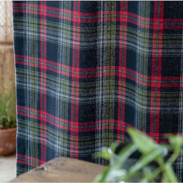 Set of 2 Modern Vintage Farmhouse Tartan Plaid Curtains Navy Gingham Curtains Black Watch Check Panels Green Holiday Plaid Curtain Panels