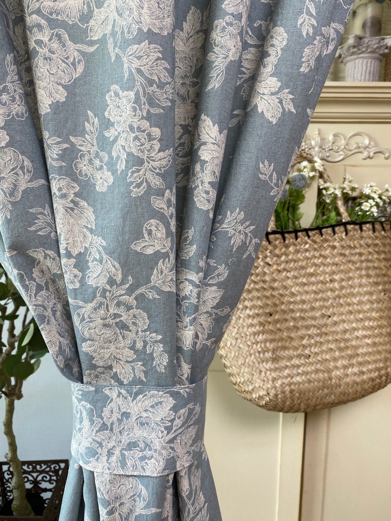 Set of 2 Dusty Blue Farmhouse Linen Curtains Botanical Wildflower Curtain Panel French Country Flower Pattern Drapes Kitchen Cafe Valance image 5
