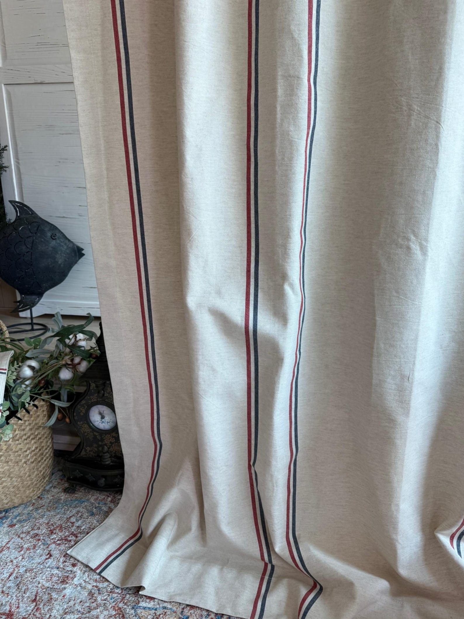 Rustic Drapery Striped Linen Curtains Grain Sack Stripe Red Blue French Country ...
