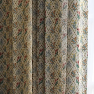 Floral Diamond Linen Curtains French Retro Vintage Vibe Curtain Panel Bohemian Botanical Print Drapes Living Room Bedroom Drapes Set of 2