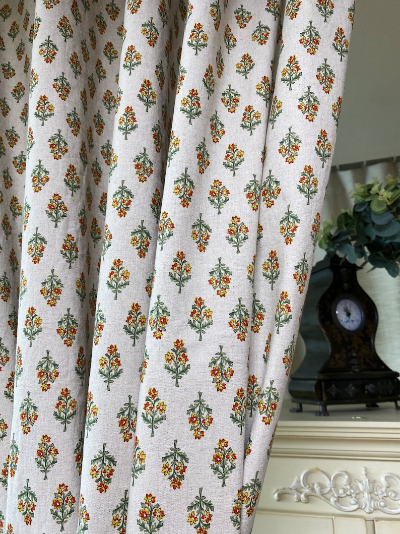 Set of 2 Natural Linen Curtains Farmhouse Linen Drapes Retro Floral Curtain Panel Cute French Country Flower Drapes Kitchen Cafe Valance image 6