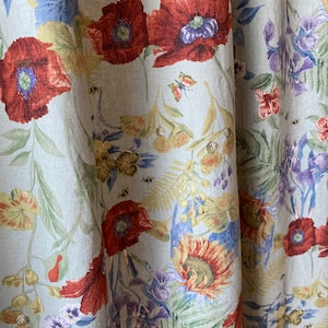 Linen Curtains Watercolor Poppies Drapery Sage Green Wildflower Curtain Panel Cottage Country Poppy Drapes Floral Living Room Set of 2