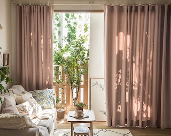 Beige-Pink Minimalist Blackout Curtains Linen Look Custom Drapery Nursery Bedroom Living Room Panel Insulating Room Darkening Set of 2
