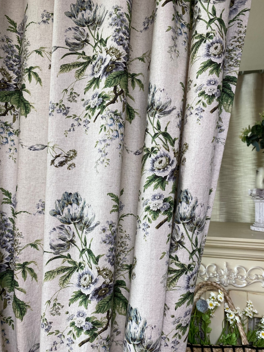 Set of 2 Green Floral Linen Curtain French Country Drapes Washed Linen