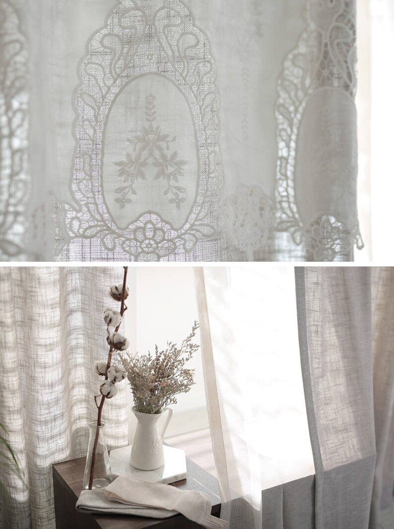Pair Beautiful Linen French Drapes With French Lace Wedding Etsy