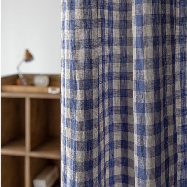 Set of 2 Blue Gingham Curtains Farmhouse Buffalo Check Plaid Custom Curtains Drapes Washed Linen Curtain Panels Natural Linen Check Curtains