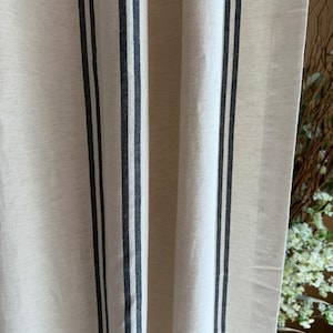 Grain Sack Stripe Linen Curtains Navy Blue French Country Farmhouse Panels Rustic Drapery Nautical Drapes Vintage Inspired European Striped