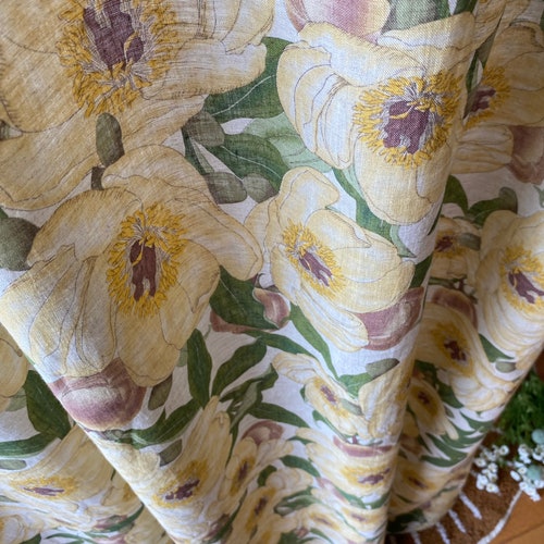 Cortinas de lino floral acuarela peonía flor lino cortinas a medida sala de estar dormitorio cortinas polvorientas peonías amarillas 100% paneles de lino