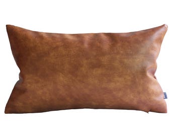 Thick Brown Faux Leather Lumbar Pillow Cover Cognac Leather Decorative Throw Pillow Case Farmhouse Rectangular Cushion Covers Modern 12"x20"