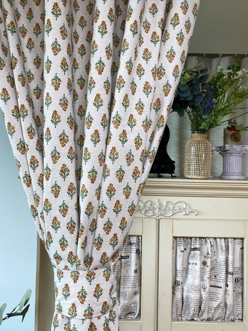 Set of 2 Natural Linen Curtains Farmhouse Linen Drapes Retro Floral Curtain Panel Cute French Country Flower Drapes Kitchen Cafe Valance image 8