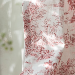 Red Toile de Jouy Farmhouse Linen Curtains Cottage Curtain Panels Natural Linen Drapery French Classic Drapes Kitchen Cafe Valances Set of 2