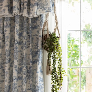 Boerderij linnen gordijnen blauw toile de jouy patroon boho franje ruche gelaagde volant Franse klassieke aangepaste gordijnen keuken set van 2