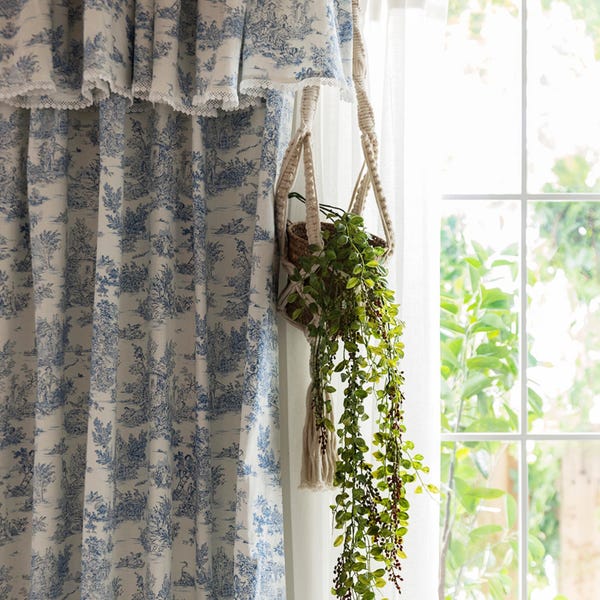 Blue Toile Linen Curtains, Farmhouse French Style, Frill Valance - Set of 2