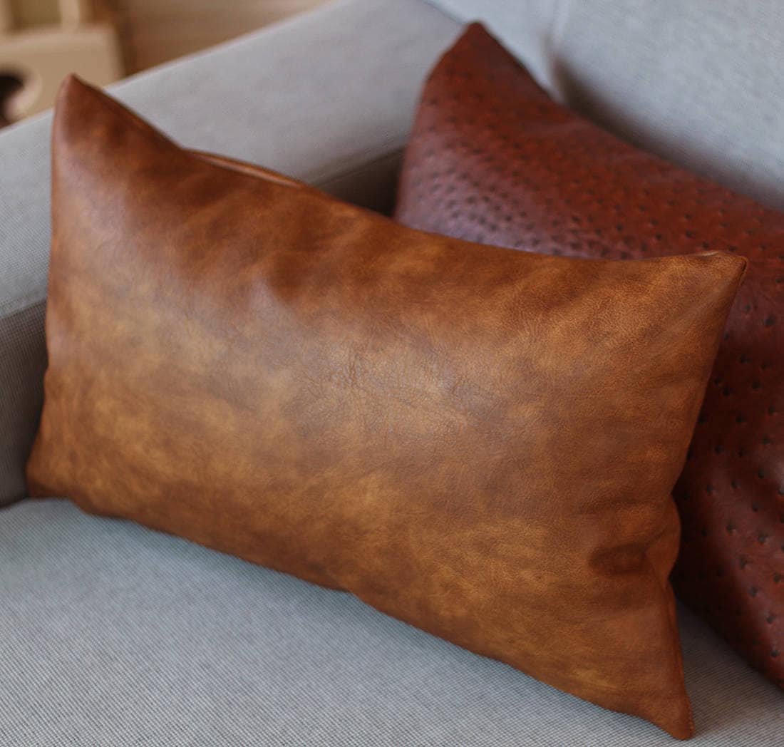 Cognac Brown Faux Leather Throw Pillow Cover Tan Pillow Cover Etsy